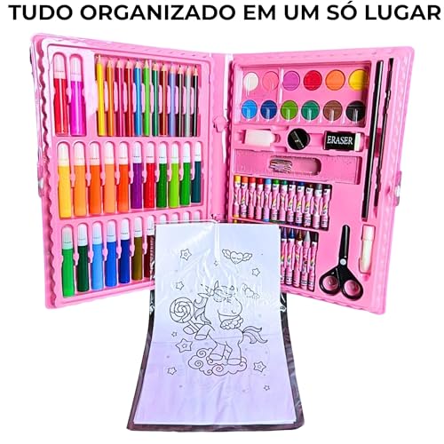 Maleta de Pintura Infantil 86 Peças — Estojo Rosa, Lápis de Cor, Canetinha, Giz de Cera, Aquarela e Pincel, Para Meninas 4 a 12 Anos, Escola e Presente