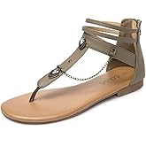 Colgo Thong Flat Sandals with Chain, Ankle Strap Zip Closure Flat Sandals, Women's Casual Sandals for Summer Party