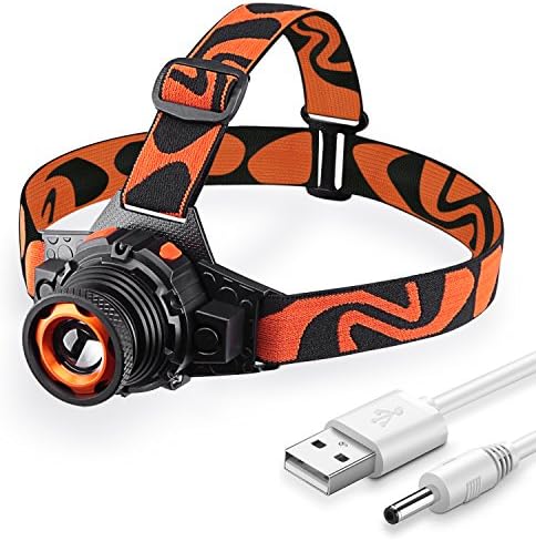 STCT Zoomable 3 Modes LED Headlamp Flashlight Rechargeable Head Light, Adjustable and Waterproof Headlamp for Camping, Orange