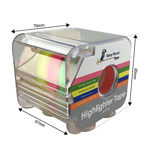 GreyParrot Tape Fluorescent Neon Highlighter Tape Removable, (4 Colors Pack), 0.35in(9mm) x 790in Per Roll, Office/Craft Tape/Yellow, Orange, Green, Pink