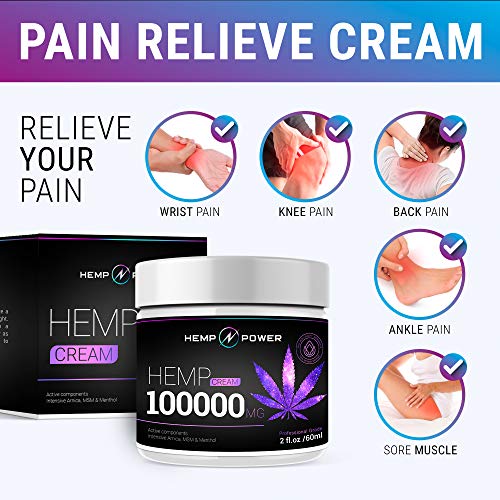 Hemp Power Pain Relief Cream - 100 000MG - Relieves Muscle, Joint Pain, Lower Back Pain, Knees, and Fingers - Inflammation - Hemp Extract Remedy - Hemp Oil with MSM - Arnica 2fl oz