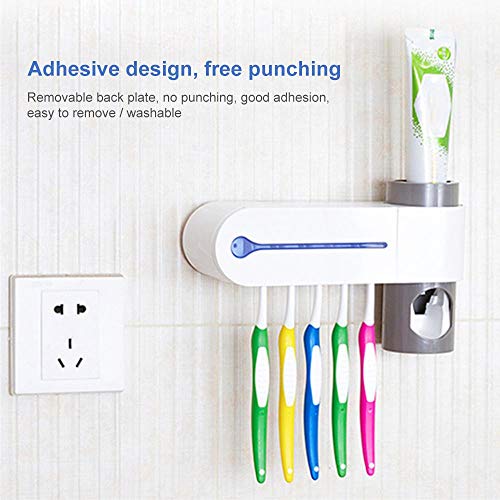 Womdee UV Toothbrush Holder Sanitizer, Mulitfunction Toothbrush Holder Wall Mounted, UV Sterilizer & Automatically Dispense Toothpaste & 5 Toothbrush Slots & 3M Sticky, for All Kinds Toothbrushes