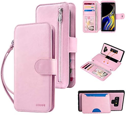 PAMANO Galaxy Note 9 Wallet Case with Wrist Strap DIY Crossbody and [4-Slots] ID&Credit Card 2018 PU Leather Flip Case Cover Protective Wallet Zipper Pocket Purse for Samsung N9 -Pink