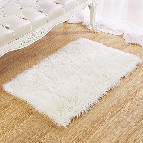 QINGLOU Faux Fur Sheepskin Style Rug Faux Fleece Chair Cover Seat Pad Soft Fluffy Shaggy Area Rugs For Living Room Bedroom Sofa Floor Rugs (White, 75 x 120cm)