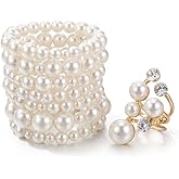 AHCVU 8-piece Women's pearl bracelet women's pearl ring white pearl bracelet elastic pearl bangle stackable wedding