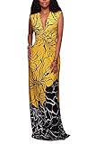 Summer Women Sleeveless V Neck African Floral Print Long Maxi Evening Bodycon Dress