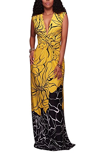 Summer Women Sleeveless V Neck African Floral Print Long Maxi Evening Bodycon Dress
