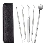 FIXBODY Dental Tools, 5 Pcs Stainless Steel Hygienist Kit for Personal Use Teeth Cleaning, Oral Care Set Remove Tartar Plaque with Tweezers, Mouth Mirror, Dental Probe, Tartar Scraper, Sickle Scaler