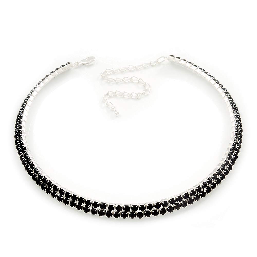 Avalaya Two Row Montana Blue Crystal Choker Necklace/Silver Tone/ 33cm L/ 9cm Ext