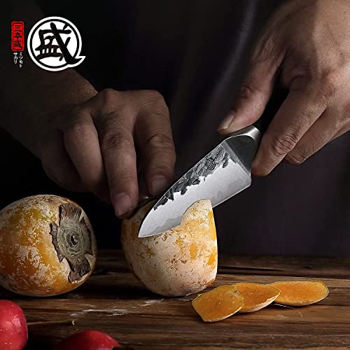 MITSUMOTO SAKARI Professional Hand Forged Kitchen Knives, Small Fruit Vegetables Knives, 11 cm Japanese Stainless Steel Knives with High Carbon (Pakkawood Handle and Gift Box)