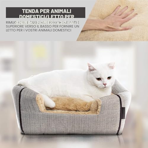 Cuccia da interni per gatti, lettino a cupola stile tenda, con cuscino imbottito rimovibile e lavabile, autoriscaldante