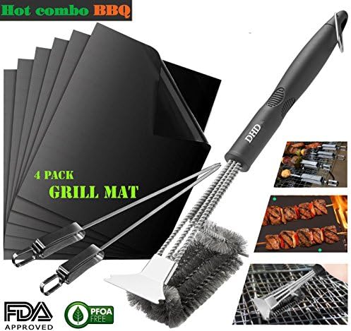 Grill Brush – grill scraper, Perfect Cleaner &amp; Barbecue Tool &amp; Scraper for Grill Cooking Grates BBQ Cleaner - Best BBQ Grill Mat ,Non-Stick Mats, Reusable - Bonus 2 Pack 12-in Barbecue Skewers Set.