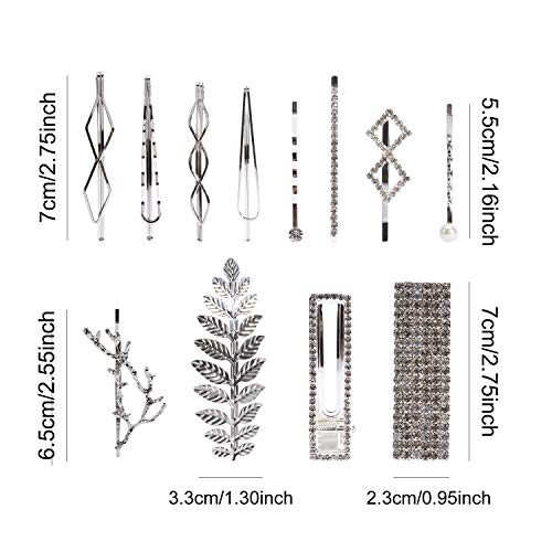 12 Pack Silver Vintage Retro Geometric Metal Pearl Crystal Rhinestone Branch Leaf Hair Clips Snap Barrettes Claw Clamps U Shaped Decorative Bobby Pin Alligator Hairclips Wedding Party Bridal Accessory - Thumbnail 5