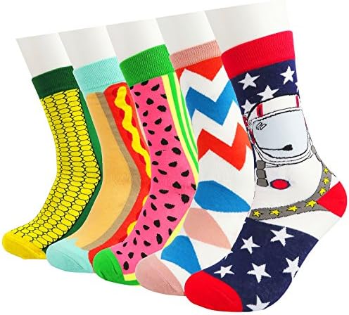 Mixsense Men's Casual Cotton Color Geometry Fashion Funky Pattern Crew Socks 5 Pairs One Size (one)