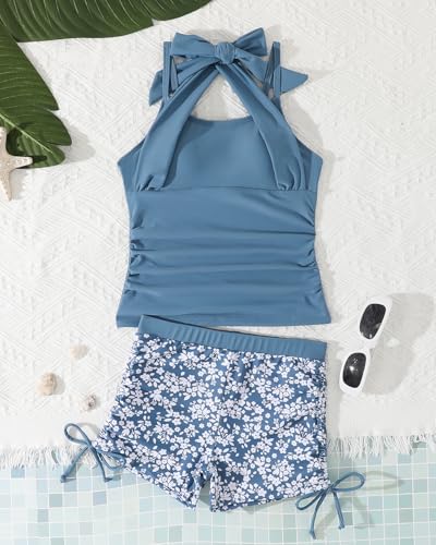 FishingDino Girls' Swimsuit with Padded Bra Size 122-164, Children's Tankini Girls Set with Halterneck Top & Boy Shorts, Teenager Swimming Shirt Swimsuit