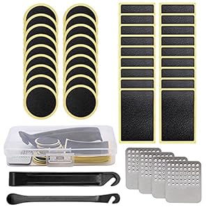 Funmix Fiets Reparing Kit,Punctie Inner Tire Patch Reparing Kit met 36 STKS Band Patch 4 STKS Metalen Rasp Draagbare…