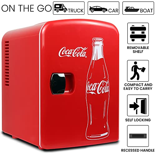 Coca Cola Classic Mini Fridge - Refrigerator for Bedroom Skincare Office, Portable Table Top Beverage Cooler, 12V DC/220V AC Refrigerador For Drinks, Soda, Wine, Use In Car, Dorm, Patio, 6 Can