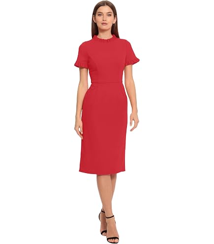 Maggy London Women's Dresses Side Pleat Dress with Asymmetric Neck and Elbow Sleeves, Arresting Burgundy, 0 at Amazon Women's Clothing store