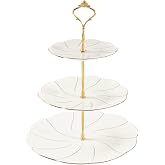 DUJUST Luxury Larger 3-Tier Cupcake Stand Tower, British Style Porcelain Serving Tray with Golden Trim, Food Grade Dessert Display Stand for Tea Party &amp; Home D&eacute;cor - 45% Larger Plates