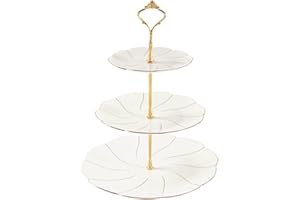 DUJUST Luxury Larger 3-Tier Cupcake Stand Tower, British Style Porcelain Serving Tray with Golden Trim, Food Grade Dessert Di