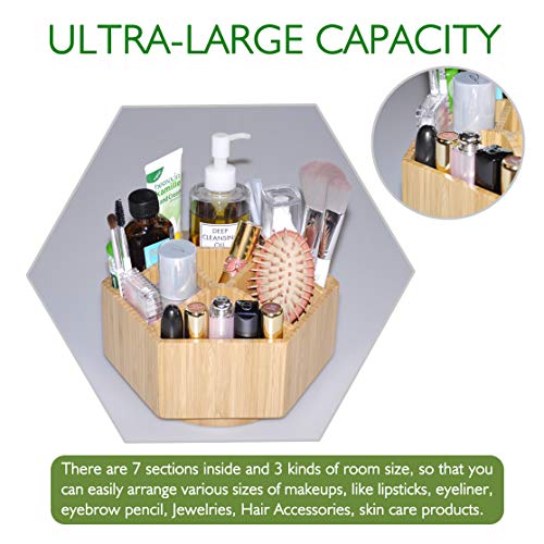 Bamboo Rotating Makeup Organizer, 360 Degree Spinning Cosmetic Storage with 7 Sections for Lipsticks, Eyeliners, Eyebrow Pencils, Jewelries, Hair Accessories, Skin Care Products and More.