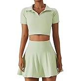 2 Piece Tennis Dress for Women High Waist Pleated Tennis Skirt with Shorts Short Sleeve Crop Golf Workout Skirts Sets
