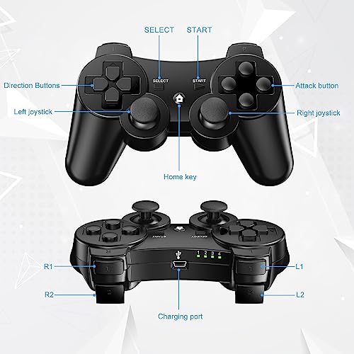 Diswoe PS3 Controller, 2 Pack Wireless Controller for PS3, Wireless Bluetooth Controller with Dual Vibration, Gyro Axis, Rechargeable PS3 Gamepad Joystick with 2 Charging Cables