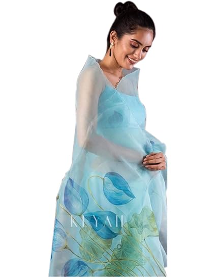 Women's Sea Sky Organza Saree With Blouse