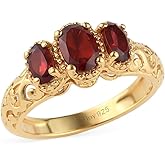 3 Stone Garnet Ring for Women in 925 Sterling Silver With 14K Gold Plating - January Birthstone Promise Engagement Vintage Red Garnet Jewelry - Anniversary Valentines Day Gifts for Womens