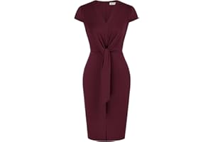 GRACE KARIN Women's Summer Midi Dresses Cap Sleeve Tie Waist Work Dress Slit V-Neck Bodycon Dress Business Casual Outfits