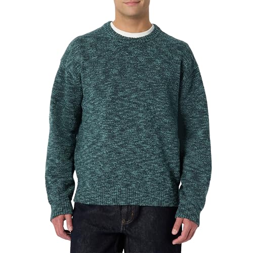 Amazon Essentials Men's Relaxed-Fit Two-Tone Heavyweight Crewneck Pullover Sweater, Wool Blend, Dark Teal Green Marl, X-Small