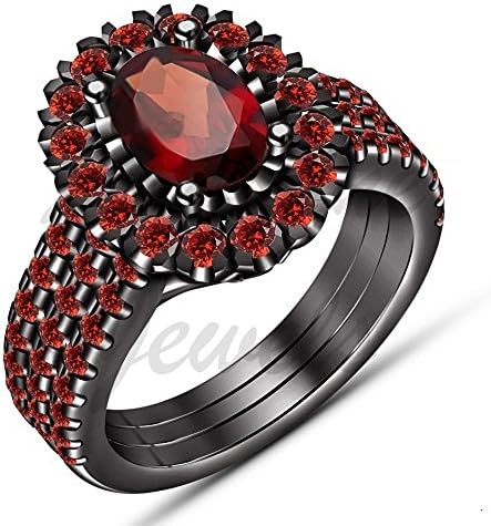 ArtLine Jewels 1.49 Ctw Oval Cut Red Garnet 14K Black Gold Finish Engagement Band Wedding Trio Ring Set