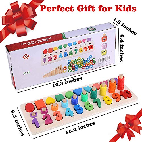 Montessori Wood Blocks Puzzle Board Set for Toddler Preschool Kids, Learning & Educational Toys for Number Counting, Colors Stacking, Shape Sorting, Early Education Toy