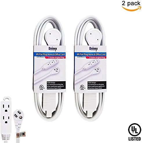 Uninex EC1608AUL Flat Angle Plug Extension Cord with 3-Outlet, 3-Prong, 8-Foot, 2-Pack