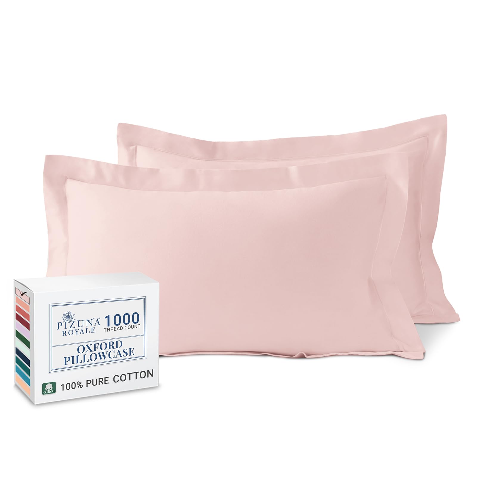 Pizuna Luxurios Cotton Standard Pillowcases 2 Pack Light Pink 50x75cm, 1000 Thread Count Long Staple Combed Cotton Thick Pillow Cover, Soft Sateen Oxford Pillow Cases (Cooling Pillowcase)