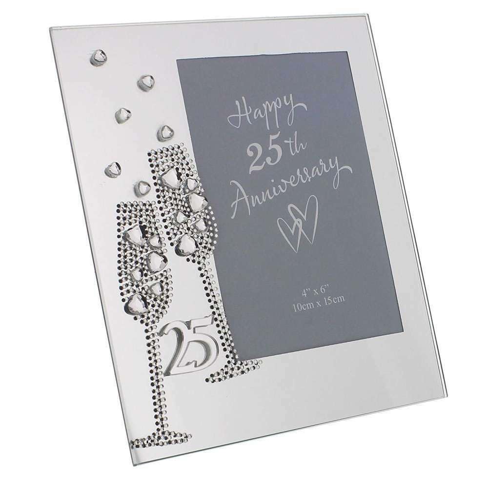 Diamante Champagne Glasses Silver 25th Wedding Anniversary Glass Photo Frame 7.5" x 6.5" WG45425