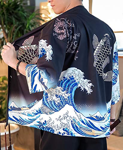 Men's Japanese Harajuku Fish Printed Kimono Cardigan Jackets Streetwear (Fish Black, Large)