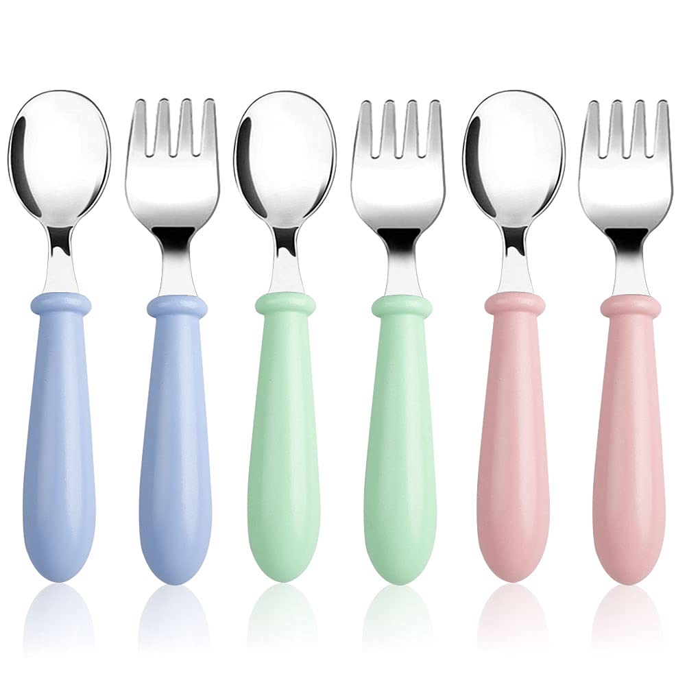 Pimoys 6 Pieces Toddler Utensils Kids Silverware Baby Forks and Spoons Set, Stainless Steel Childrens Safe Flatware Metal Kids Cutlery Set with Round Handle, Dishwasher Safe
