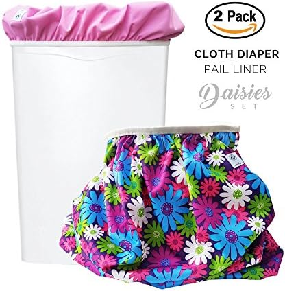 Baby Tooshy Diaper Pail Liner Set (2) - Large Capacity Wet Bag for Cloth &amp; Disposable Diapers. Effectively Contains Stinky Diapers. Heavy Duty PUL offers Superior Leak Free Protection. Daisies
