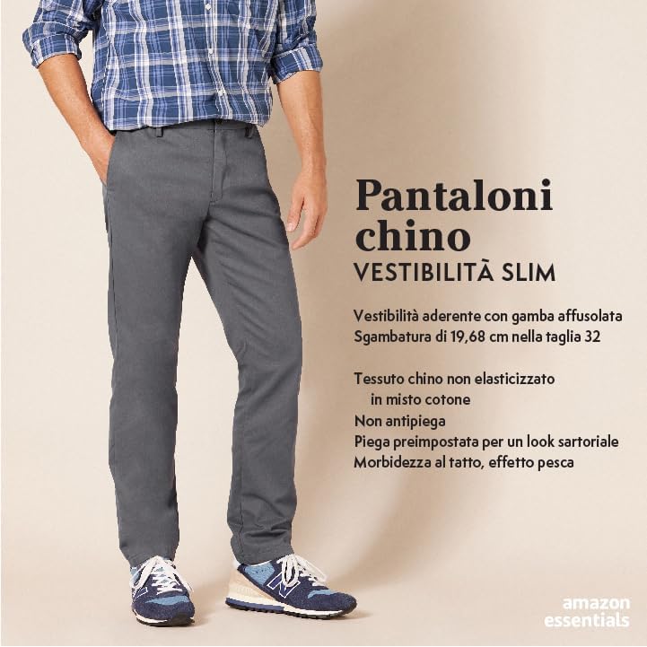 Pantaloni Chino da Lavoro da Uomo Anti-Piega e Senza Pince, vestibilità Aderente, Indaco, 30W / 30L