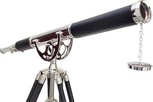 NAVIROCK Nautical Vintage Solid Brass Marine Black Leather Telescope Single Barrel Brass Chrome Finish & Black Tripod 65'' Handmade Telescope Looks Authentic Decor