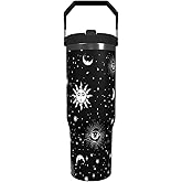 30oz Sun Moon Goth Tumbler with Top Handle Straw and Lid Water Bottle Reusable Stainless Steel Coffee Cup for Hot and Cold Drinks Gift for Women Man Gothic Travel Mug (sun moon, 30oz)