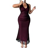 BEAUDRM Women's Plus Size Ruffle Halter Dress V Neck Fishtail Bodycon Party Long Mesh Dresses