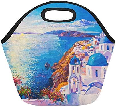 Insulated Neoprene Lunch Bag Colorful City Painting Art Oil Painting Landscape Oil Paint Design Large Size Reusable Thermal Thick Lunch Tote Bags For Lunch Boxes For Outdoors,work, Office, School