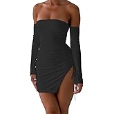NADIA FRACA Women's Sexy Summer Drawstring Long Sleeve Off Shoulder Backless Side Slit Bodycon Ruched Mini Dress