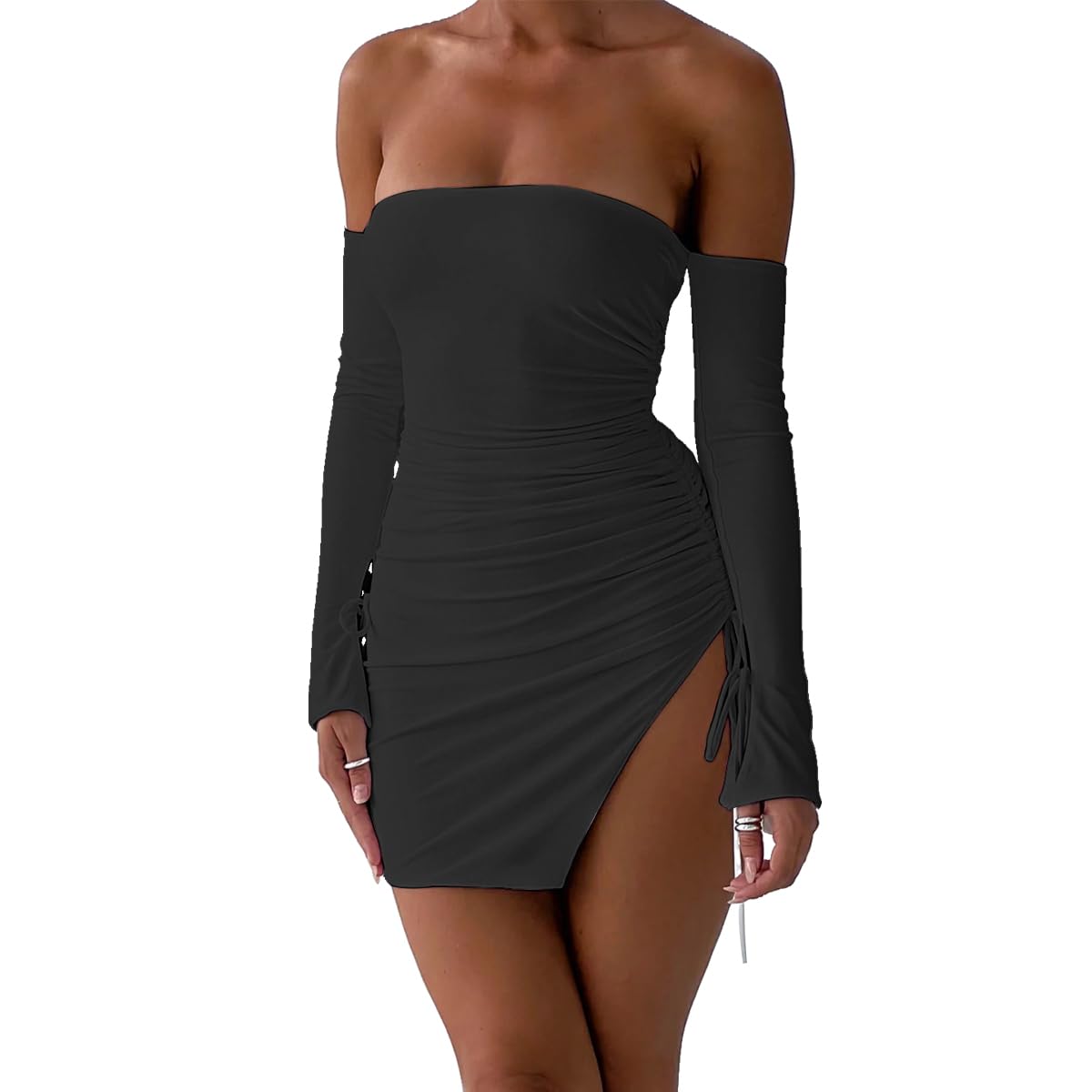 Long sleeve off shoulder ruched drawstring lace mini dress