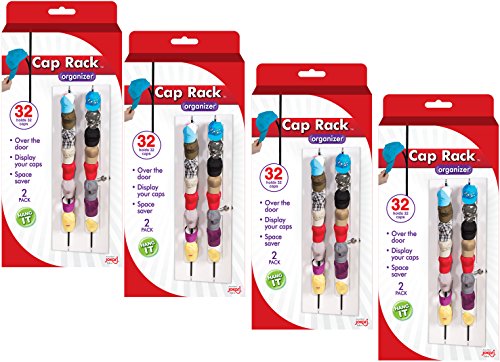 Cap Rack 4 Pack - Holds up to 16 Caps for Baseball Hats, Ball Caps - Best Over Door Closet Organizer for Men, Boy or Women Hat Collections - Display Racks With Clips, Perfect Holder and Storage