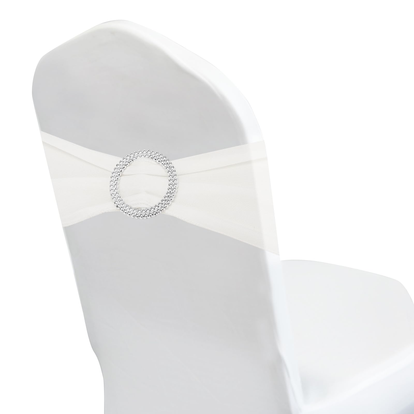 PATIKIL Chair Bows Sash, 50 Pcs Stretch Chair Cover Band Elastic Chair Tie with Silver Buckle Slider for Party Wedding Banquet Decoration, White