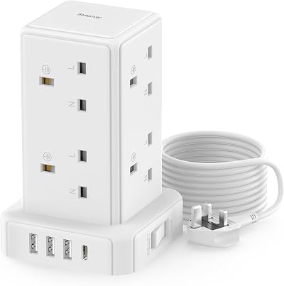 Sameriver Tower Extension Lead 3M 13A 3250W 8 AC Outlets USB C Fast Charger