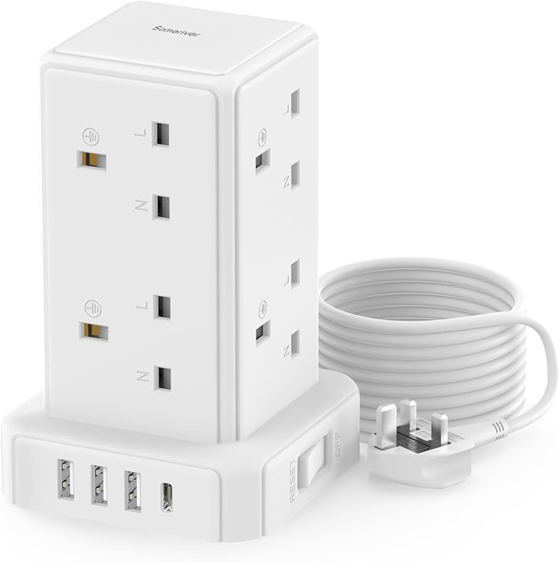 Sameriver Tower Extension Lead 3M 13A 3250W 8 AC Outlets USB C Fast Charger